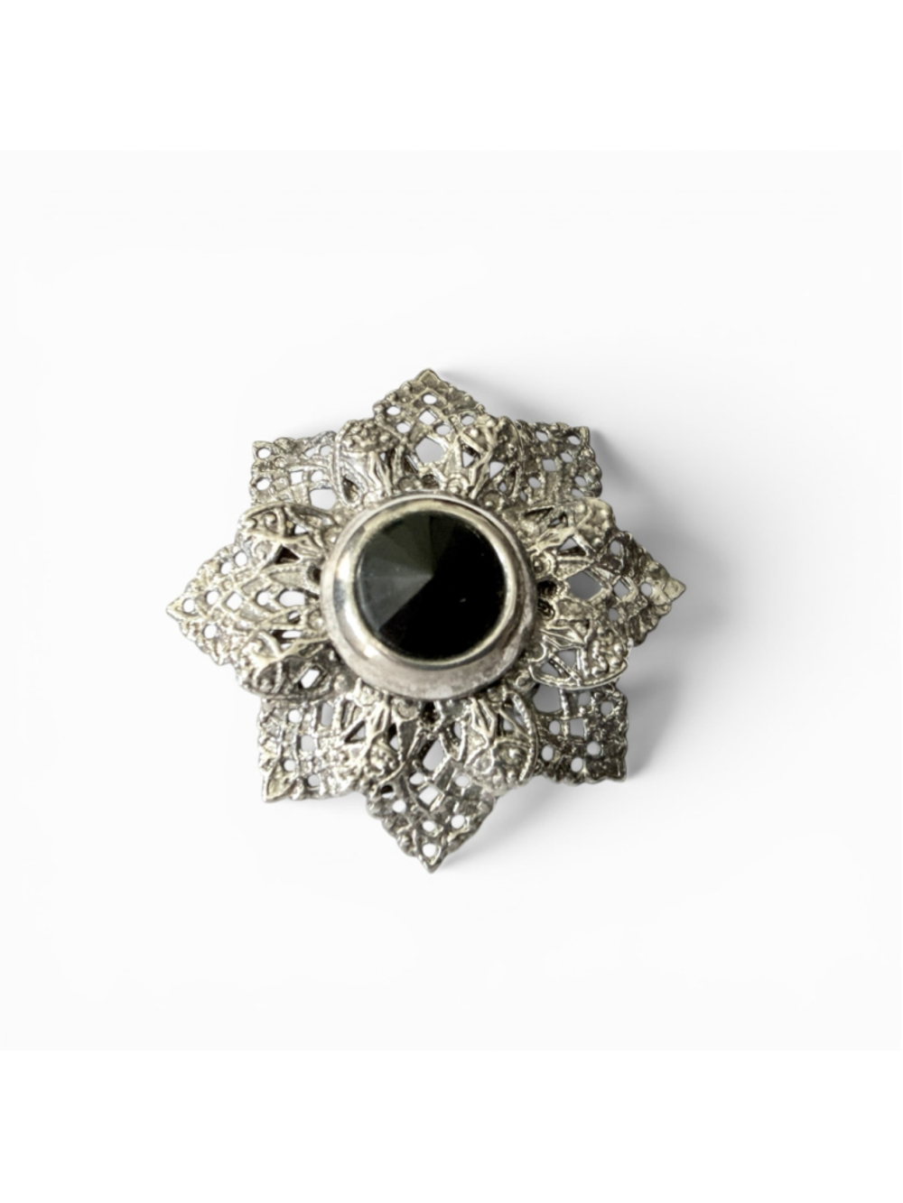Antique Czech Filigree Brooch Black Glass Rivoli Pin Art Deco Starburst Silver